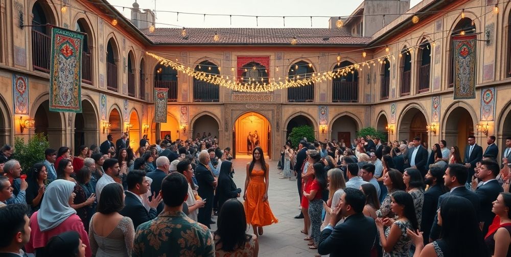 A vibrant fashion event in Iran showcasing local designers, colorful garments on display, and an enthusiastic crowd enjoying fashion shows.