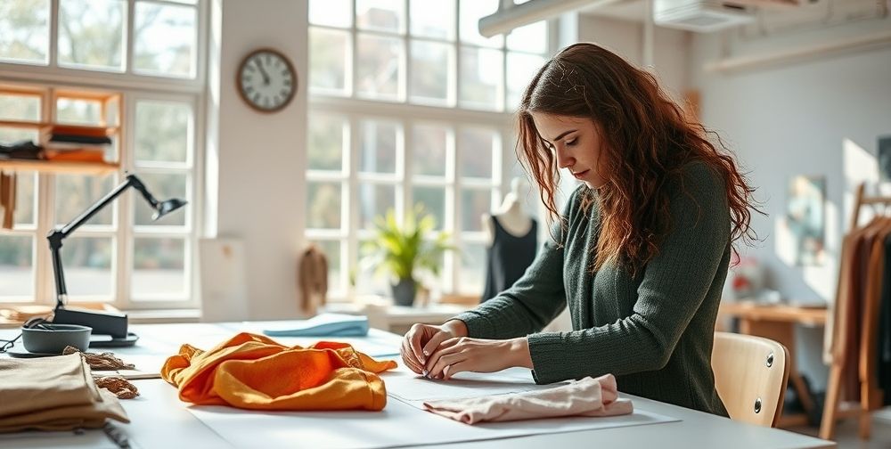 A thoughtful designer examining sustainable materials in a bright studio, surrounded by sketches and prototype garments, showcasing a focus on eco-friendly fashion concepts.