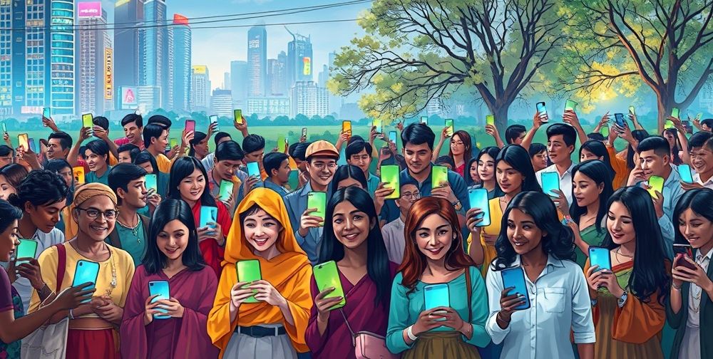 A colorful illustration of diverse people interacting through technology, holding smartphones and communicating via social media in different settings, showing cultural diversity.