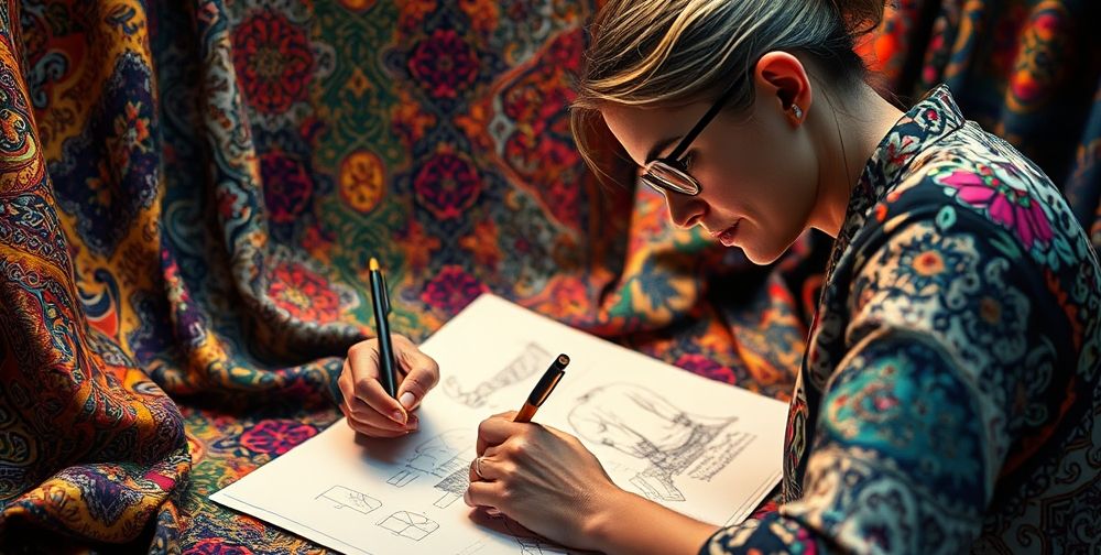 A close-up shot of a designer sketching out a vibrant fashion collection, with colorful fabrics and traditional Persian motifs surrounding them, creating a lively creative atmosphere.