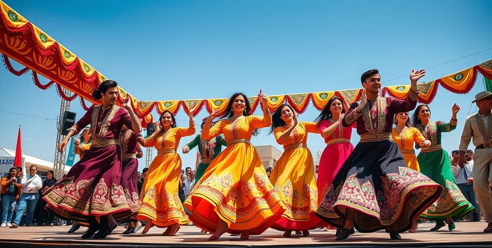 A colorful Iranian festival with men and women wearing traditional outfits, dancing and celebrating on a vibrant outdoor stage, showcasing cultural heritage and joy.