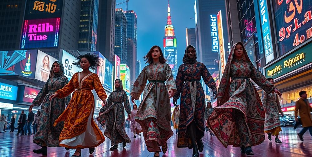 A futuristic representation of modern religious and social clothing styles in a vibrant urban setting, blending traditional designs with contemporary fashion elements.