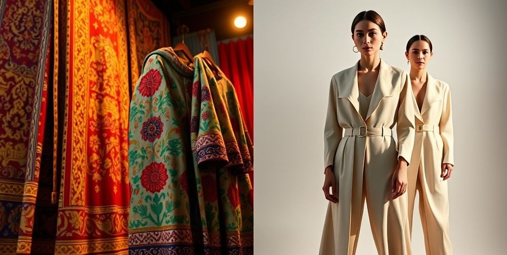A comparison image showing traditional Iranian clothing on one side featuring colorful patterns and handmade fabrics, and modern clothing on the other side with minimalist designs and contemporary aesthetics, illustrating the contrast between traditional and modern styles in Iran.