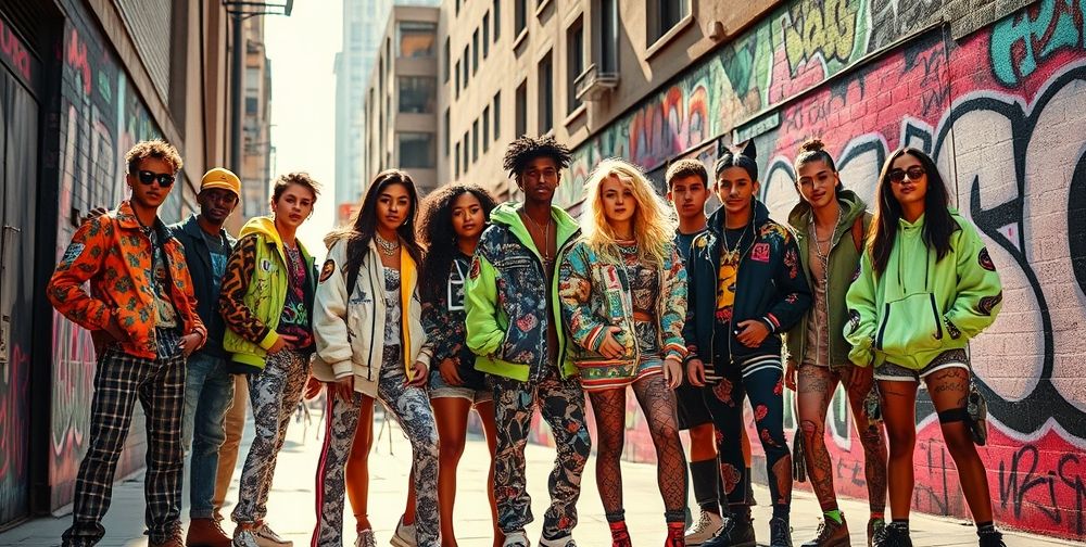 A diverse group of young people showcasing contemporary fashion in a lively street setting, with artistic graffiti and vibrant colors symbolizing empowerment and identity.