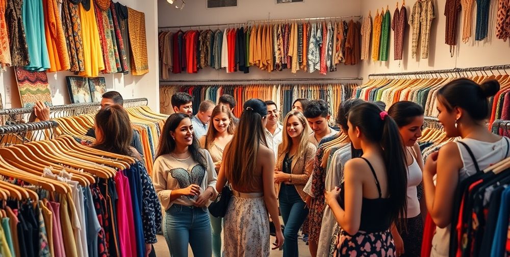 A diverse group of consumers engaging in shopping at a trendy fashion boutique, surrounded by culturally inspired clothing and vibrant colors.