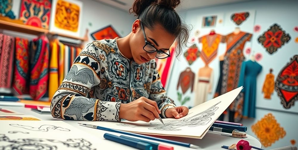 A designer sketching cultural motifs onto modern fashion pieces in a studio, vibrant colors, artistic and dynamic atmosphere