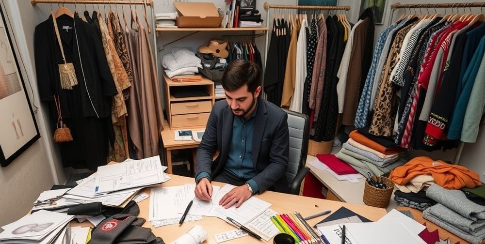 A modern Iranian fashion designer working in a studio surrounded by sketches, fabrics, and digital tools, reflecting challenges of economic constraints and innovation.