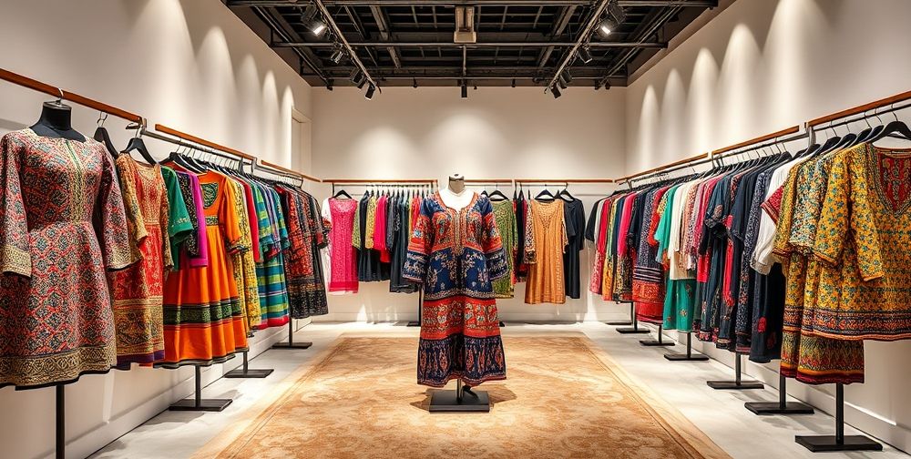 Bright, modern fashion showroom displaying innovative Iranian clothing designs with a mix of traditional motifs and contemporary styles, vibrant colors, and lively atmosphere, representing growth and creativity.