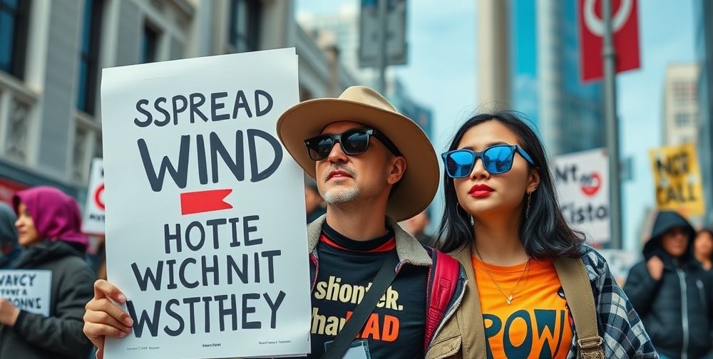 Close-up of protest posters and fashion-forward clothing with social justice slogans, urban street scene, bold colors and impactful typography