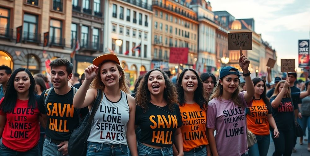 Youth protesters wearing expressive fashion with slogans, city square background, vibrant, rebellious atmosphere with dynamic composition