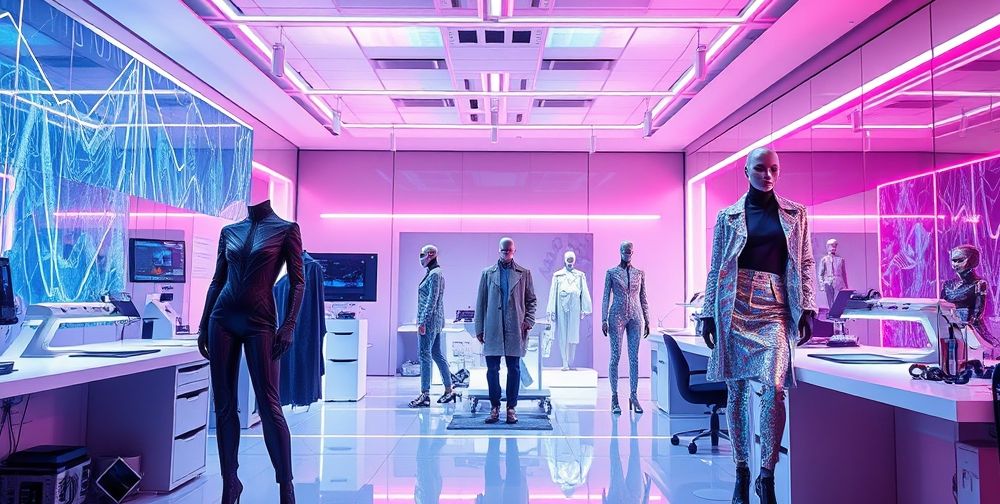 A high-tech fashion studio with digital design tools, futuristic fabrics, and innovative tailoring techniques, vibrant lighting, and dynamic perspective