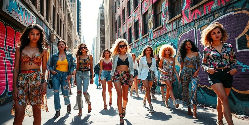 A vibrant street fashion scene with models showcasing eclectic styles, graffiti art backgrounds, urban setting with energetic ambiance
