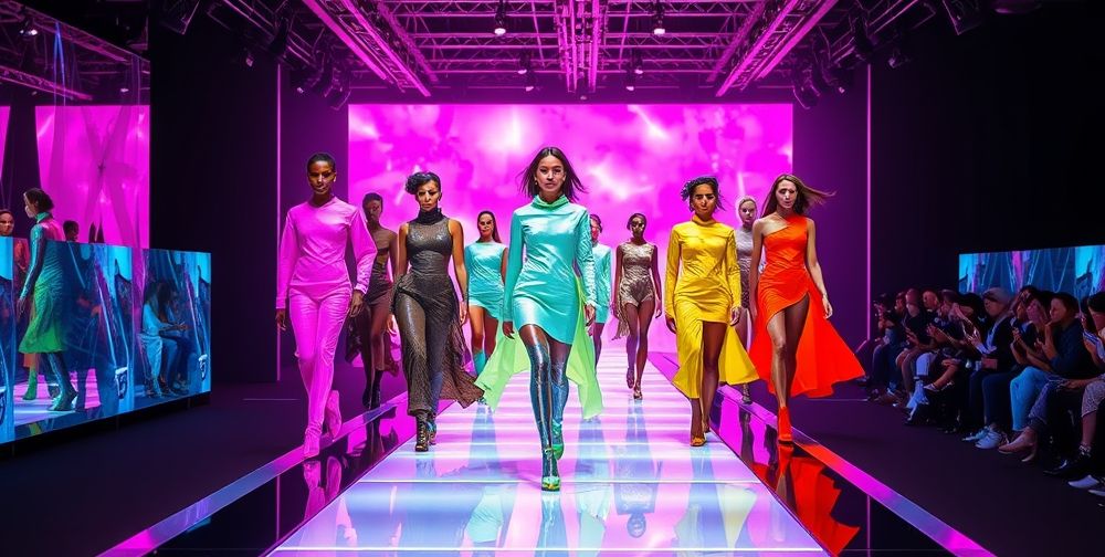 Modern fashion runway with futuristic designs, innovative materials, vibrant colors, and diverse models, high fashion style