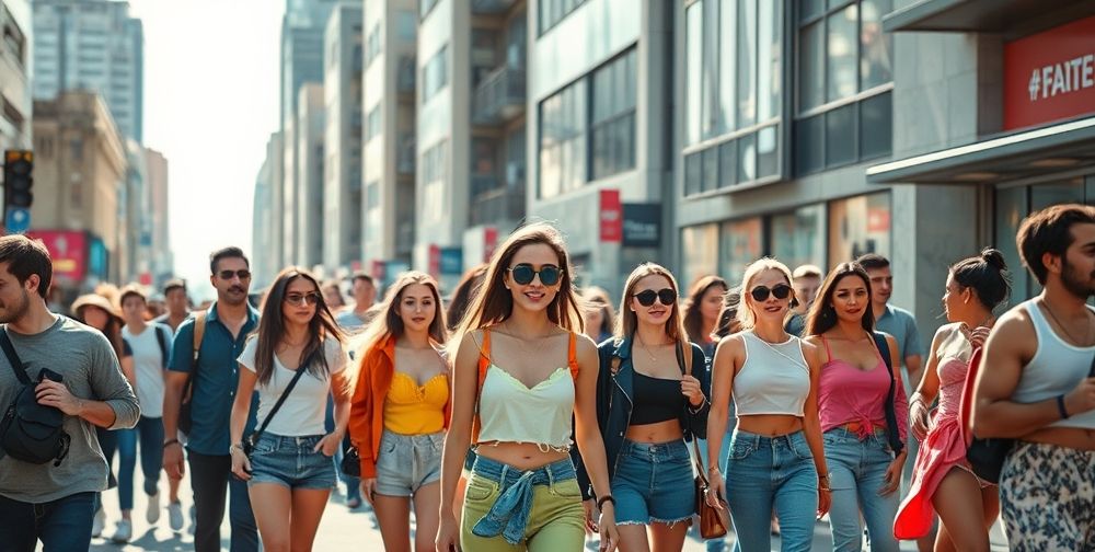 A lively street fashion scene featuring diverse people wearing casual chic outfits with bright colors and modern accessories, urban daytime setting with natural sunlight, dynamic and youthful energy from street-level perspective