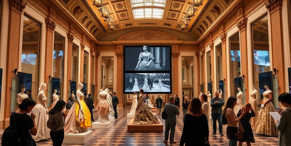 Inside the Palais Galliera fashion museum: an ornate hall with vintage French gowns on mannequins, a multimedia screen featuring historic runway shows, and visitors sketching designs.