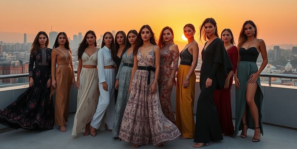 A collage of Iranian models on a rooftop in Tehran at sunset wearing hybrid traditional-modern outfits; flowy fabrics with modern cuts, hints of Persian patterns, and dramatic cityscape behind.