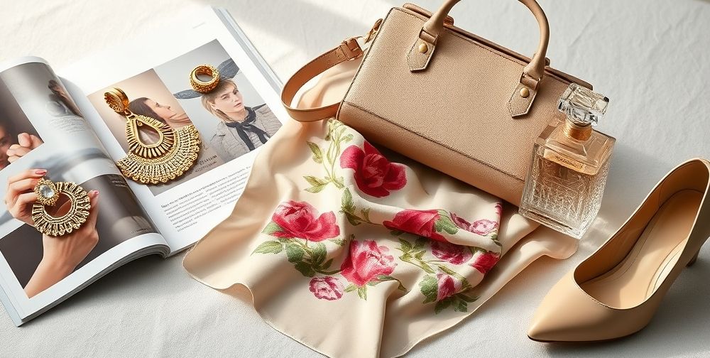 A detailed tabletop scene showing a collection of high-end women’s accessories: statement gold earrings, a silk floral scarf, a designer beige handbag, and elegant nude pumps arranged next to a fashion magazine and a classic perfume bottle.