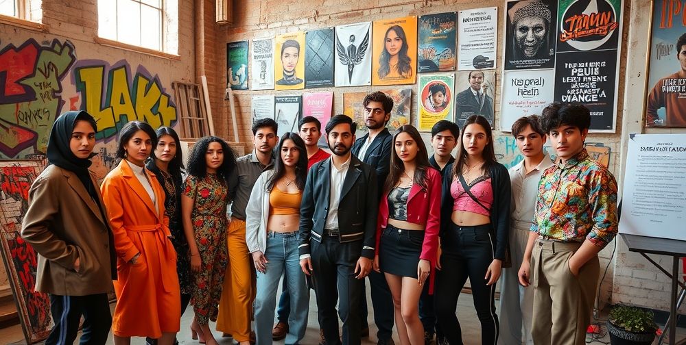 A group of diverse young Iranians in a creative urban space, wearing bold, thought-provoking conceptual fashion pieces, with graffiti art and meaningful posters in the background, embodying cultural change.