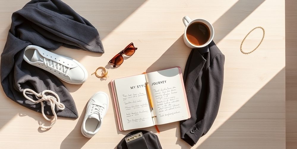 A fashionable flat lay display of carefully selected clothing and accessories spread atop a minimalist wooden surface, featuring a classic blazer, stylish sneakers, a pair of sunglasses, elegant jewelry, and a notebook labeled "My Style Journey" with hand-written notes and a cup of coffee nearby. Bright, natural daylight enhances the variety of textures and tones.