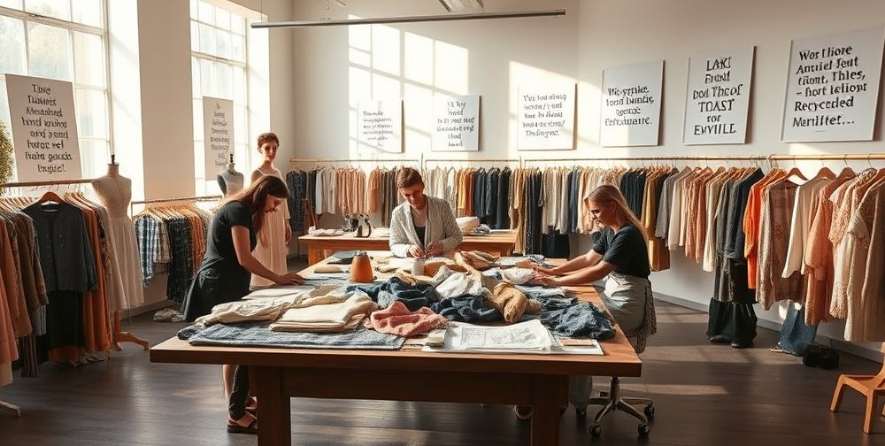 Sustainable fashion studio with recycled materials, natural fibers, and designers discussing ethical production under wall displays of eco-friendly fashion philosophy quotes.