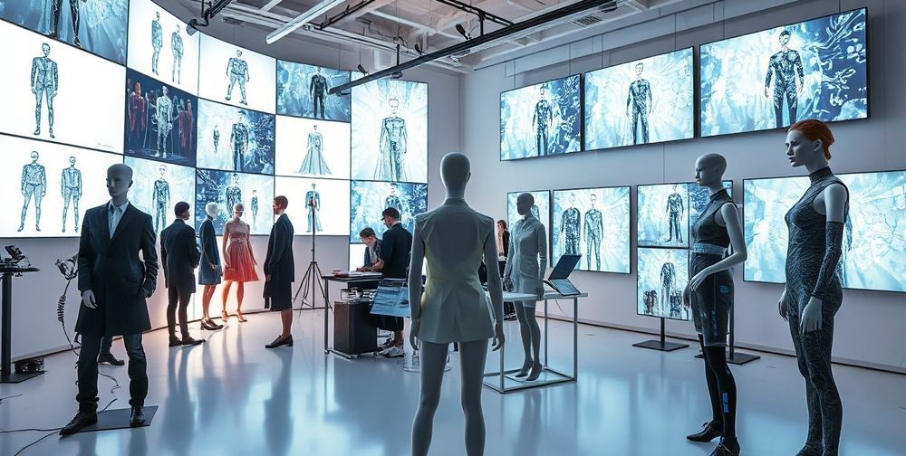 A futuristic fashion studio filled with digital screens displaying AI-generated designs, designers sketching and experimenting with eco-friendly textiles, and tech-infused wearable garments placed on mannequins.
