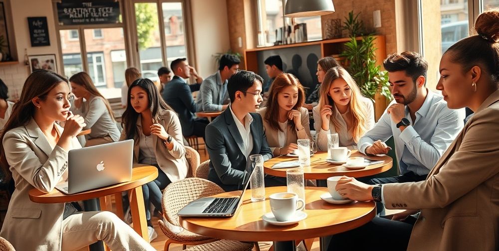 A cozy, sunlit urban café where diverse young people wear stylish, modern outfits: neutral blazers, chunky sneakers, simple layering, and smart watches. There are laptops, coffee cups, and a casual yet sophisticated city vibe in the air.