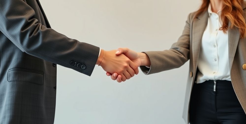 A close-up shot of two stylish newcomers shaking hands at a company onboarding session, both wearing modern professional attire with subtle personal touches. Energetic mood, neutral background, subtle accessories visible.