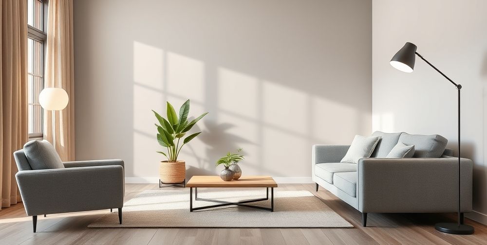 A creative shot of a chic modern living room with Scandinavian-style furniture, clean geometric shapes, soft gray and beige tones, and a few thoughtful accessories like a single green plant and a minimalistic floor lamp.
