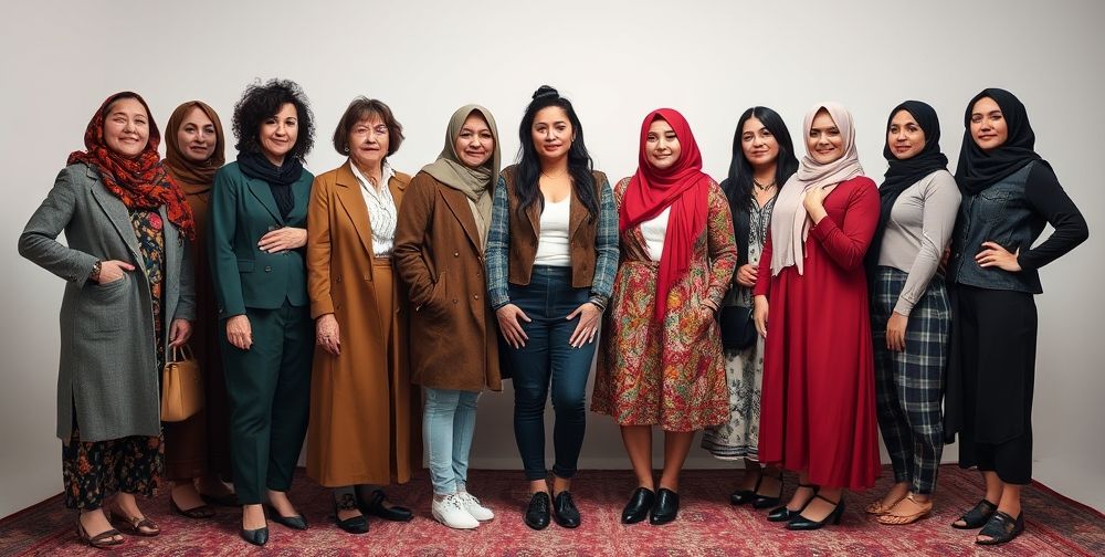 A serene studio scene capturing Persian women and men of varying ages and body shapes, each confidently expressing themselves through unique fashion styles—some modern, some deeply traditional. The atmosphere radiates acceptance, inner peace, and diversity.
