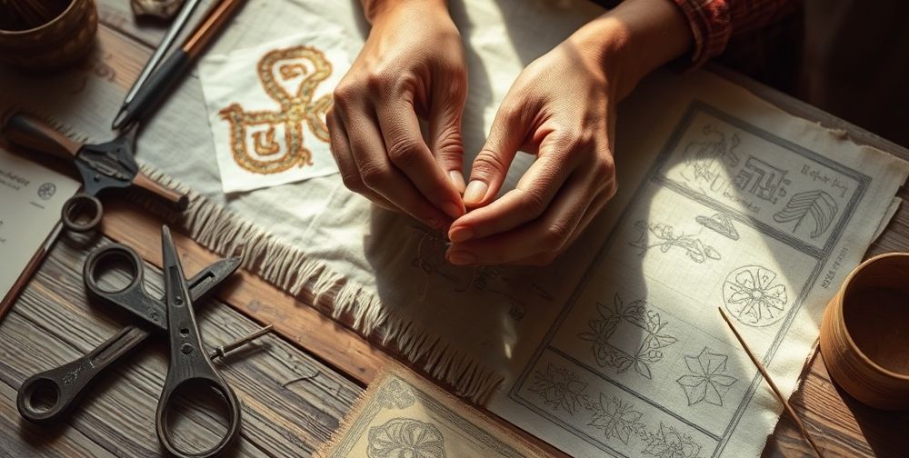 An artistic close-up of hands embroidering symbolic patterns onto fabric, with tools, vintage sketches, and cultural motifs scattered across an old wooden table illuminated by soft, natural light.
