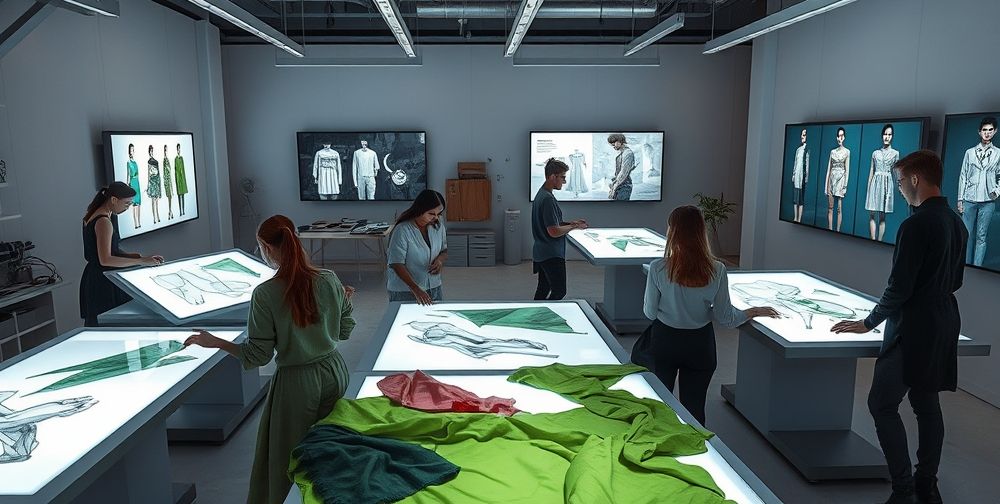 A futuristic fashion studio with designers brainstorming over digital sketches, eco-friendly textiles spread out, and screens displaying innovative sustainable garments, merging art and technology atmosphere.