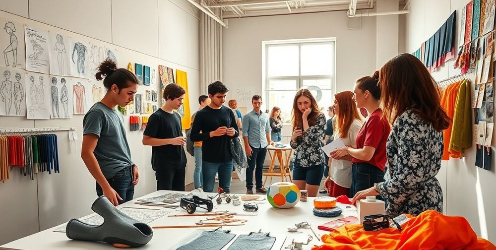 A creative studio filled with sketches, fabrics, and wearable art pieces. Young designers collaborate, experiment with futuristic materials, and bring imaginative fashion concepts to life.