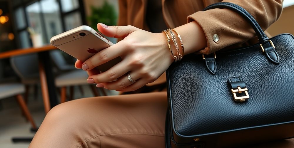 A detailed close-up of a fashion-forward Iranian woman's hands and accessories. Her wrist is adorned with minimalist gold bracelets, she holds a smartphone with a sleek case, and a designer handbag rests on her lap, all against a backdrop of café ambiance and urban vitality.