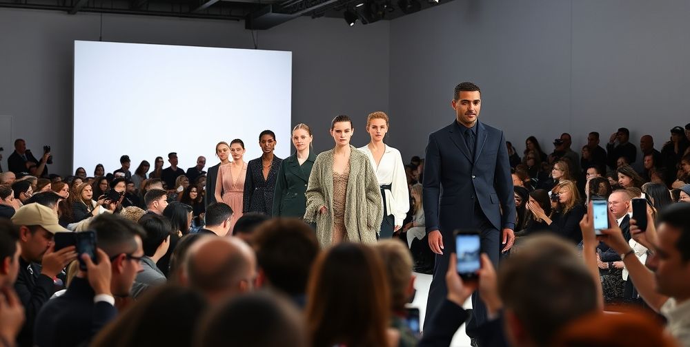 A dynamic Paris Fashion Week runway with emerging French designers presenting eco-friendly, avant-garde outfits. Audience includes editors and diverse international influencers capturing the scene with smartphones.