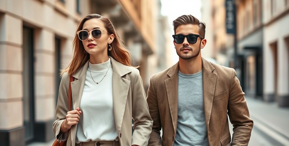 A stylish young woman and man walking down an urban street, both wearing minimalistic yet sophisticated outfits with neutral colors, elegant accessories, and modern sunglasses, capturing the essence of modern fashion in the city.