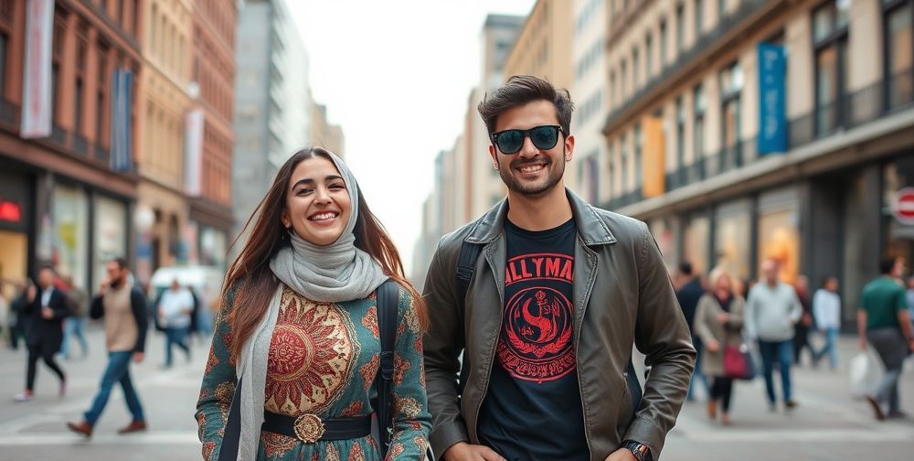 A young Iranian woman and man in a lively city square, their chic outfits merging traditional Persian patterns with international streetwear trends; joyful, confident, and individualistic.
