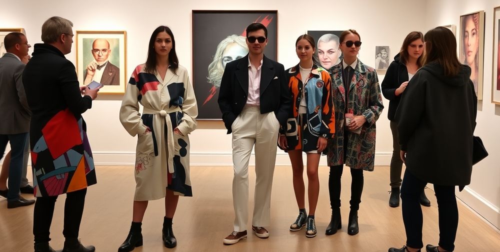 In a contemporary art gallery setting, several individuals dressed in conceptual fashion stand confidently. Their clothing features abstract motifs, striking color contrasts, and oversized silhouettes that spark conversations among curious visitors.