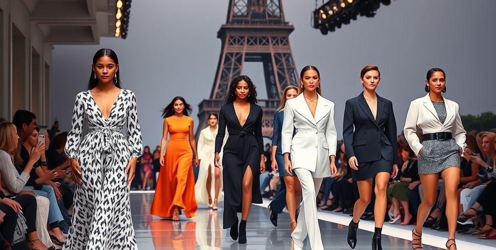 A glamorous modern fashion runway in Paris featuring diverse models in iconic French luxury brand outfits. The audience includes global celebrities, and the backdrop displays the Eiffel Tower, symbolizing international influence.