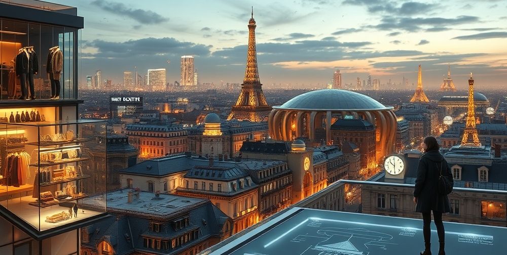 A creative vision of the future: futuristic Paris skyline with illuminated fashion ateliers blending tradition and innovation, young diverse designers collaborating beside digital moodboards, and iconic French garments reimagined with cutting-edge materials.