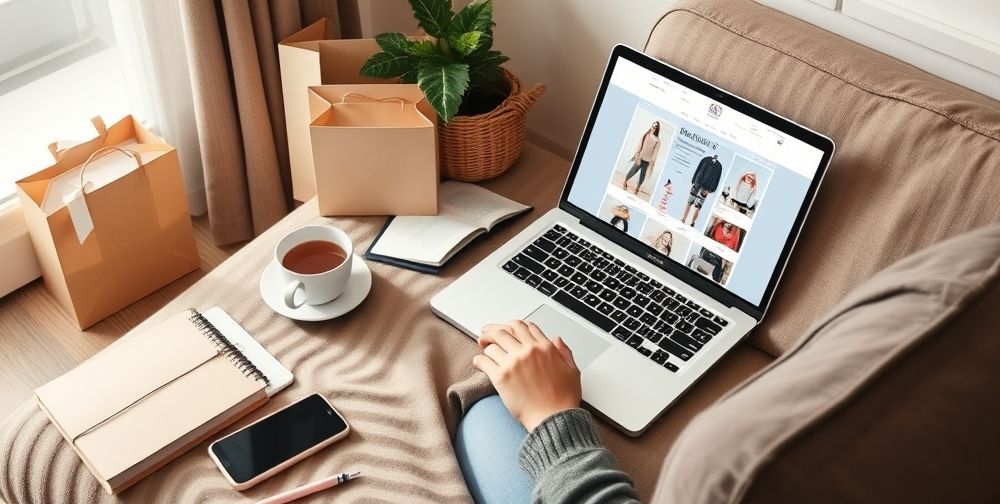 A cozy home workspace with a laptop open to a fashion shopping website, a cup of coffee, smartphone, and notebook, with packages and chic clothes nearby—a young person browsing modern style options online.