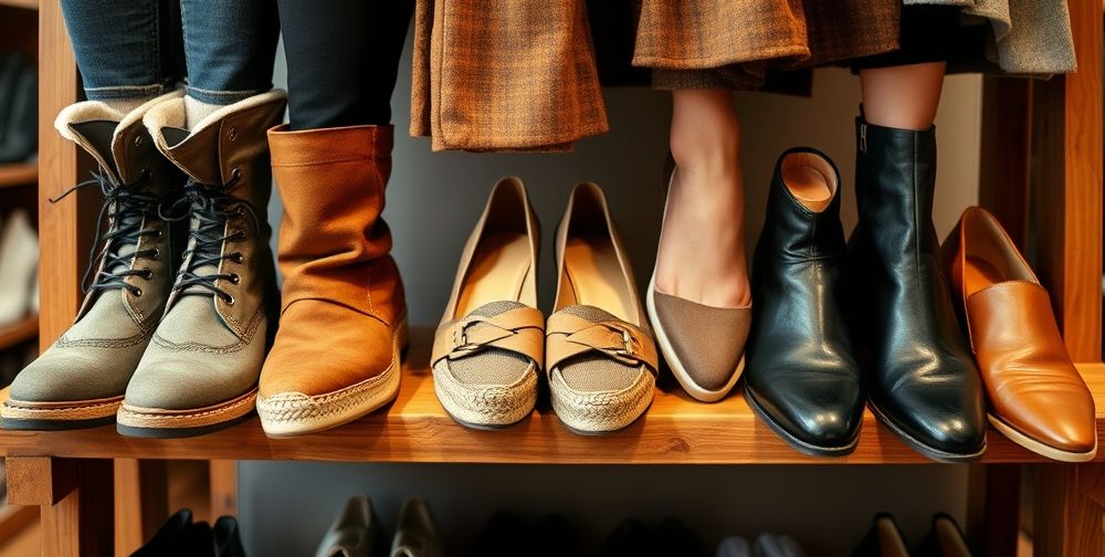 Close-up shot of seasonal shoes on a wooden rack: sturdy winter boots, breathable summer espadrilles, sleek leather dress shoes, each paired with weather-appropriate outfits in a cozy boutique atmosphere.