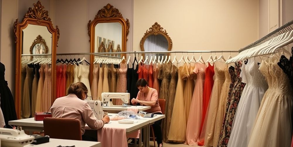 A behind-the-scenes look at a Paris fashion house preparing for an international gala: seamstresses hand-stitching luxurious gowns, racks of elegant dresses, antique mirrors reflecting the creative bustle, highlighting French craftsmanship.