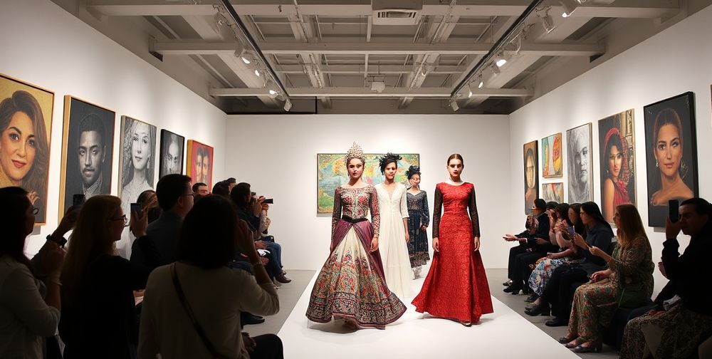 Iranian conceptual fashion show blending traditional motifs and modern silhouettes, models walking through an art-infused gallery space, viewers capturing moments for social media.