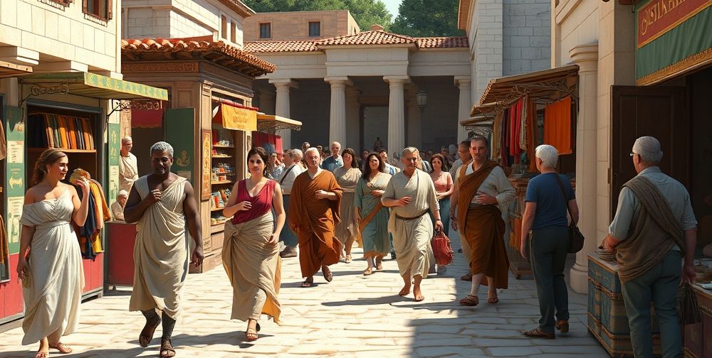 An animated ancient Greek marketplace where women in draped chitons mingle with philosophers and artisans, fabric booths bustling, showing lively interactions and period-accurate textiles.