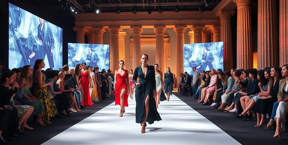 A modern fashion runway with diverse models in both contemporary and classical-inspired outfits, dramatic lighting, and a backdrop with ancient Greek columns merging with digital screens to symbolize the meeting of past and present.