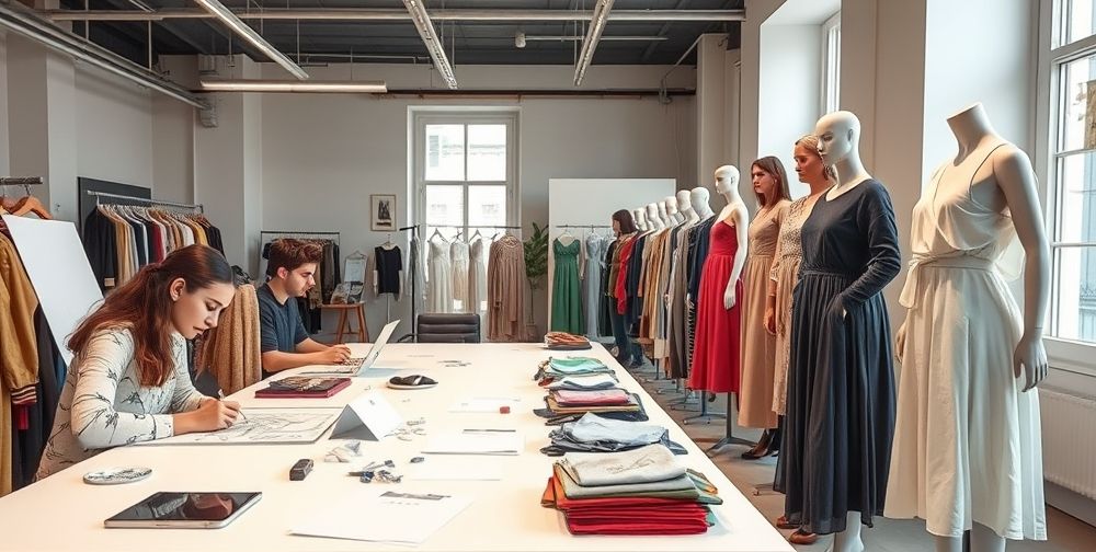 A contemporary Parisian fashion studio with young designers sketching, mannequins draped in sustainable fabrics, digital tablets, and recycled material swatches, reflecting the innovative spirit of eco-friendly French fashion.