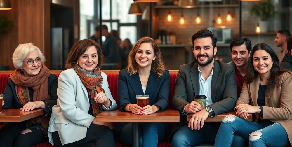 A dynamic group shot: Iranian women and men of three different generations sitting in a trendy café. Older individuals wear conservative, classic styles; middle-aged, colorful smart-casual looks; youth in funky, eclectic, global-inspired outfits.