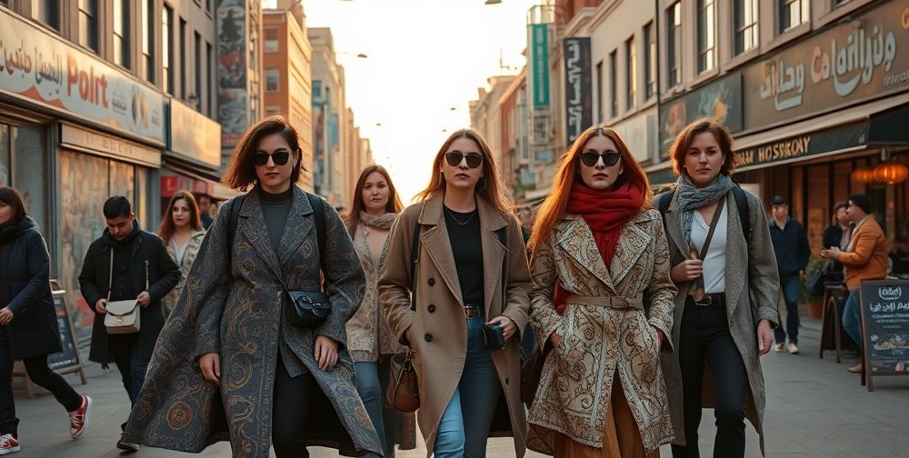 A bustling Tehran street during sunset, with stylish young Iranians flaunting conceptual fashion: flowing coats with calligraphy, eco-friendly accessories, and creative layering, set amid mural art and urban cafes.