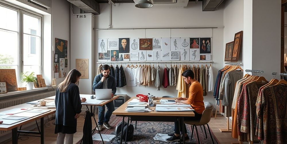 A creative workspace in Tehran: young Iranian designers sketching conceptual clothes, mood boards with Persian miniature art, colorful textiles, and fashion prototypes in progress. Natural sunlight, collaborative energy.