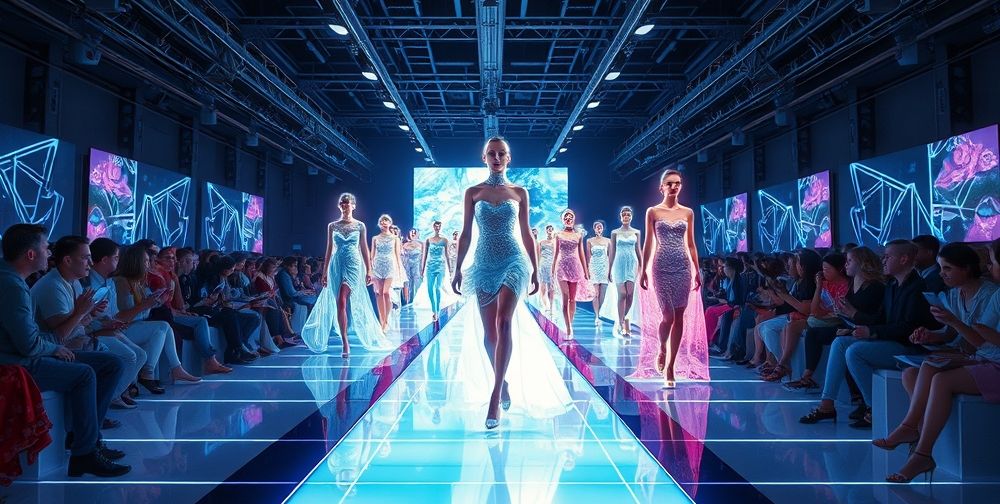 A futuristic virtual fashion runway, neon-lit with holographic models displaying avant-garde digital dresses, global audience watching via tablets and VR glasses, while digital artists live-create new designs on transparent screens.
